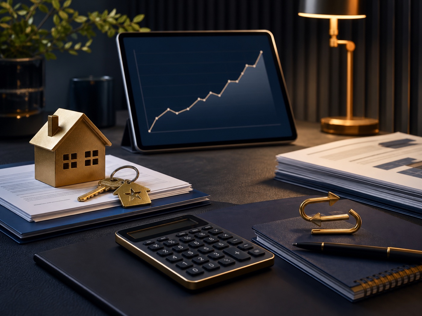 Mortgage refinance review with calculator and loan paperwork